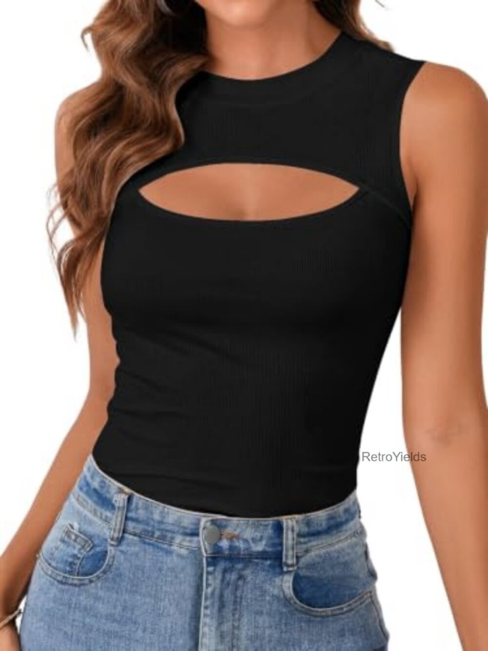 Sleeveless Cut Out Front Tank Top Ribbed Knit